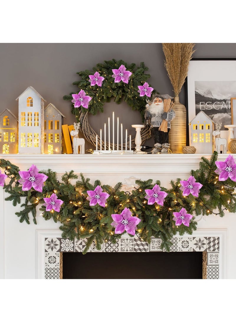 SYOSI 16 Pieces Christmas Glitter Poinsettia Faux Flowers Christmas Flowers Decorations Wedding Xmas Tree New Year Ornaments (Light Purple) - Image 2